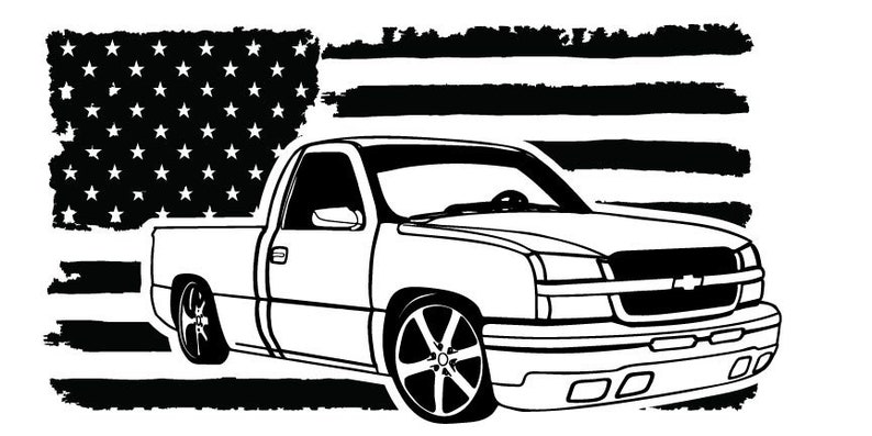May include: A black and white illustration of a pickup truck in front of an American flag. The truck has a large front grille with a Chevrolet logo.