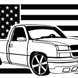 May include: A black and white illustration of a pickup truck with a US flag in the background.