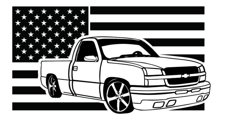 May include: A black and white illustration of a pickup truck with a US flag in the background.