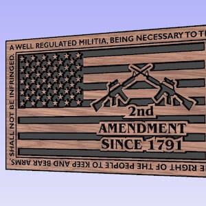 Puede incluir: Un letrero de madera con un diseño de bandera estadounidense y el texto "A well regulated militia, being necessary to the security of a free state, the right of the people to keep and bear arms, shall not be infringed." El letrero también incluye el texto "2nd Amendment Since 1791" y un gráfico de dos rifles cruzados.