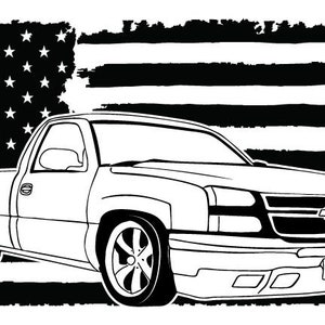 May include: A black and white illustration of a pickup truck in front of an American flag. The truck has a large front grille with a Chevrolet logo.