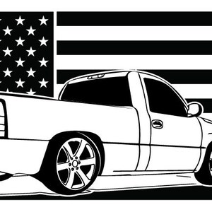 May include: A black and white line drawing of a pickup truck with large wheels, set against a black and white American flag background.