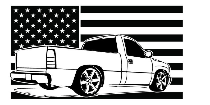 May include: A black and white line drawing of a pickup truck with large wheels, set against a black and white American flag background.