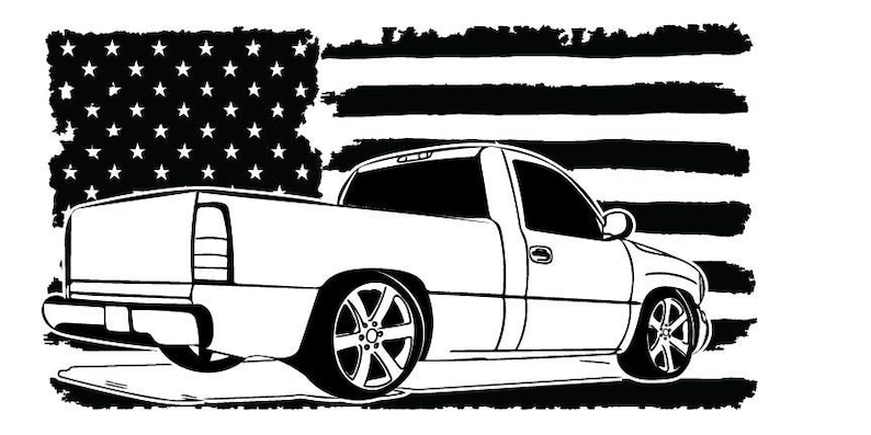 May include: A black and white illustration of a pickup truck with a large American flag in the background. The truck is facing to the right and has a large bed in the back. The truck has large wheels and a lowered suspension.