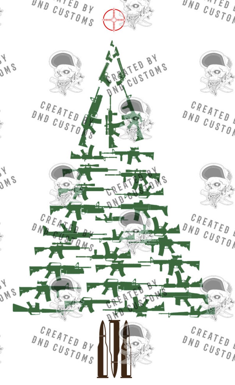 May include: A green Christmas tree design made of multiple images of rifles and bullets. The text "CREATED BY DND CUSTOMS" appears multiple times throughout the design.