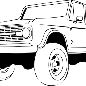 May include: A black and white line drawing of a vintage Ford Bronco SUV with a large front grille and four large tyres.