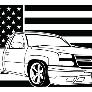 May include: A black and white line drawing of a pickup truck in front of an American flag. The truck is facing the viewer and has a large front grille with a Chevrolet logo.