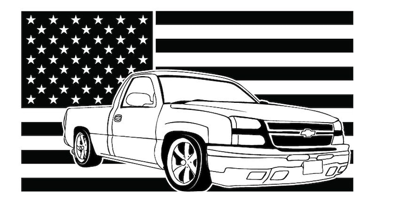 May include: A black and white line drawing of a pickup truck in front of an American flag. The truck is facing the viewer and has a large front grille with a Chevrolet logo.