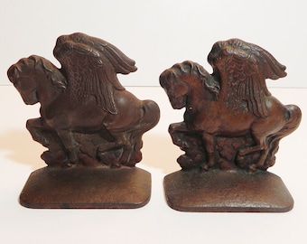 Two 1929 Bronze Tone Pegasus Flying Horse Bookends, By James Company