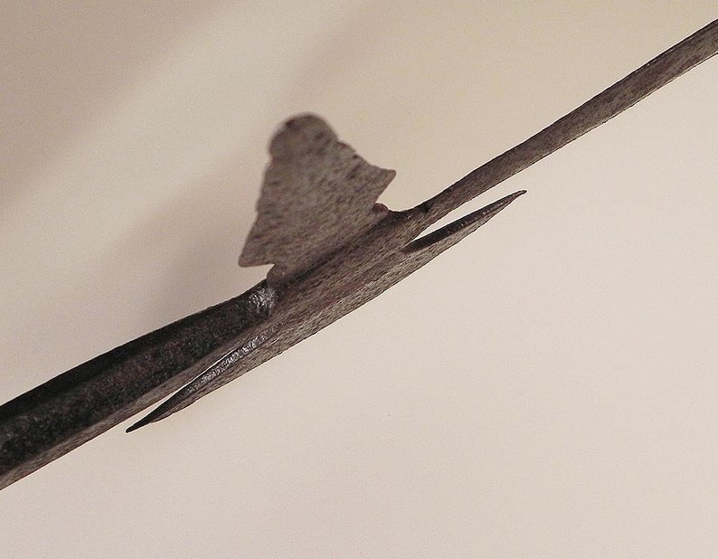 May include: Close-up of a metal arrowhead with a sharp point and a fletching made of feathers.