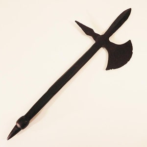 May include: A black metal weapon with a long handle and a blade at one end and an axe head at the other.