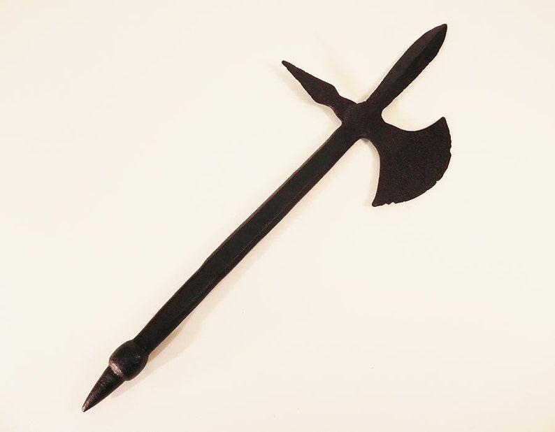 May include: A black metal weapon with a long handle and a blade at one end and an axe head at the other.