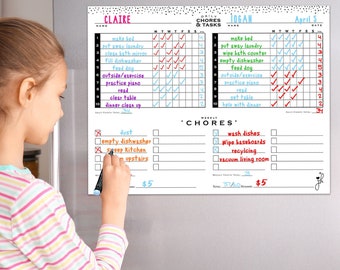 Chore Chart for Multiple Kids | Magnetic Family Chores List for Fridge |  2 kid Chore Dry Erase Chart Routine, Behavior, Mod Style -17"x14"