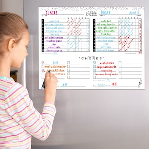 Chore Chart for Multiple Kids | Magnetic Family Chores List for Fridge |  2 kid Chore Dry Erase Chart Routine, Behavior, Mod Style -17"x14"