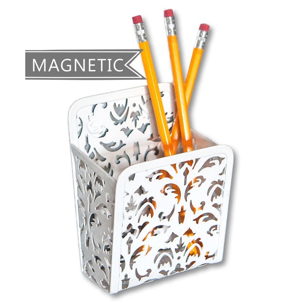 Magnetic Pen Holder - Dry Erase Board Marker Holder - Message Board - Fridge Pen Holder - White Swirl