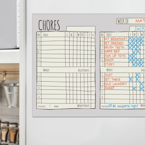 Multiple Child Chores Chart For Kids - 2 kid Dry Erase Daily Weekly Family Checklist-Job Chart - Grey Sketch 18&quot;x14&quot;