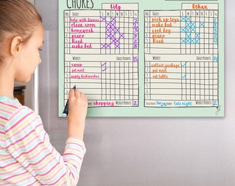 Multiple Child Behavior Reward Chore Chart- Magnetic Dry Erase Checklist - Job Chart- Chore Chart 2 Kids, Chore Chart for 6 7 8 9 Year Old