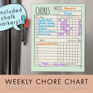 Magnetic Chore Chart for Kids | Behavior & Routines - Daily Chore Checklist - Job Chart - Dry Erase -  11"x 14" Mint - 2 Chalk Markers