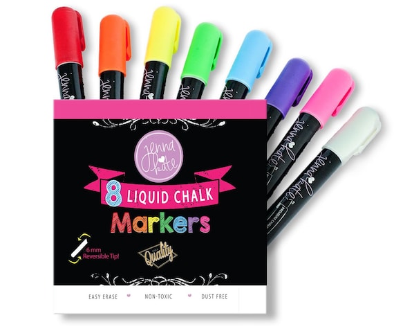 Jennakate Neon Liquid Chalk Markers 6mm Set of 8 Dust Free Wet or Dry Erase  Reversible Tip 