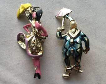 Vintage Figural Enamel Pins, Clown Jewelry, Enamel Jewelry, Lady with Umbrellas