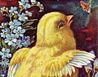 c. 1900s Embossed Easter Postcard Chick with Flowers and Butterfly