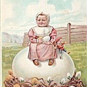 Antigo cartão postal de Páscoa do início dos anos 1900, criança em ovo grande
