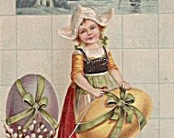 1908 Osterpostkarte mit Eiern, Holländerin und Windmühlen