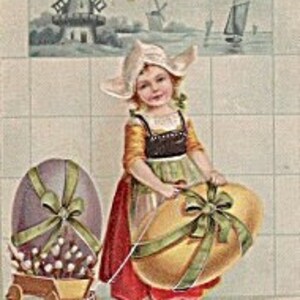 Cartolina di Pasqua del 1908 con uova, ragazza olandese e mulini a vento