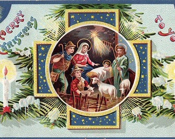Antique Saxony Christmas Postcard Nativity and Shepherds