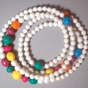 Vintage Rainbow and White Plastic Bead Necklace