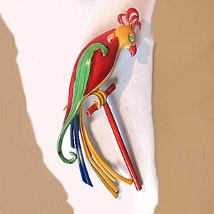 Hand Painted Parrot Brooch Figural Enamel On Metal