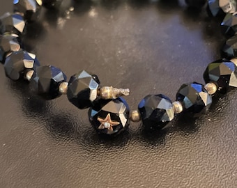Victorian Jet Bead Bracelet for Repair, Seed Pearl Gold Star Bracelet, Mourning Jewelry