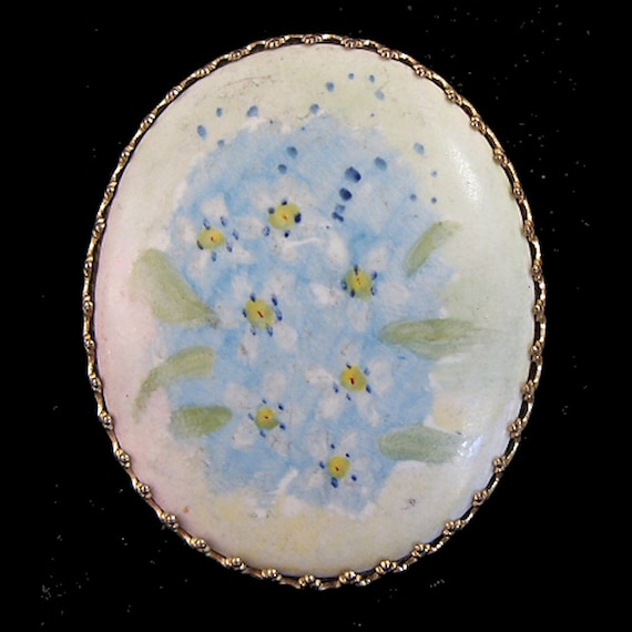 Vintage Hand Painted Floral Porcelain Brooch - image 1