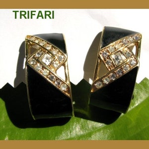 Trifari Black Enamel and Rhinestone Hoop Earrings