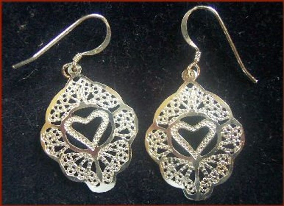 Vintage Sterling Silver Laser Cut Heart Earrings - image 1