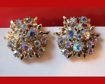 Vintage Aurora Borealis Cluster Clip Earrings for Women