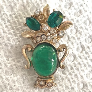 Vintage Green Jelly Belly and Rhinestone Vase Pendant, Costume Jewelry