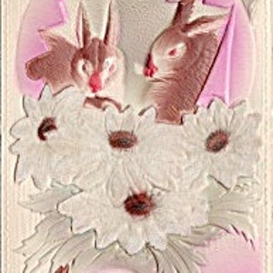 Cartolina pasquale floccata del 1915 con coniglietti e fiori