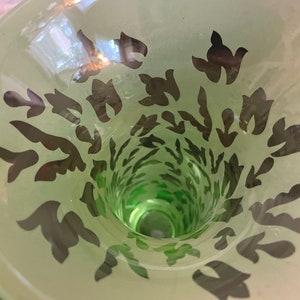 1990s Green Frosted Stenciled Tall Flower Vase Table Decor