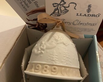 1989 Lladro Porcelain Bell Ornament Angels, Vintage Discontinued Christmas Ornament