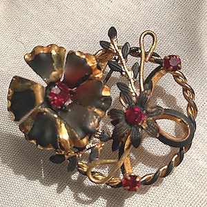Austria Stamped Brass and Rhinestone Brooch