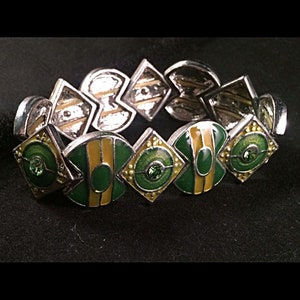 Vintage Stretch Bracelet, Enamel Bracelet, Green Yellow Bracelet, Disk Bracelet, Vintage Jewelry, Vintage Bracelet