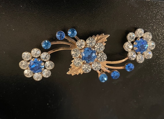 Gorgeous Blue and Clear Rhinestone Brooch, Swedged Brooch, Mid Century Brooch