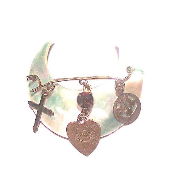 Abalone Shell Pin with Wired On Charms, Faith Hop… - image 1