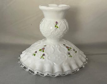 Vintage Fenton Silver Crest Violets in the Snow Candleholders, Handpainted Art Glass