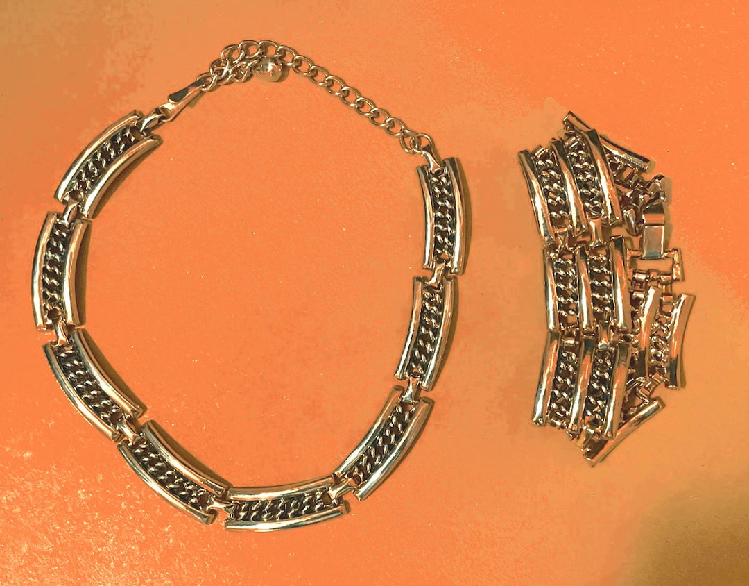Vintage Curved Link Necklace and Bracelet Demiparure Etsy