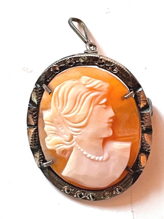 Vintage 800 Silver Shell Cameo Brooch and Pendant for Cameo