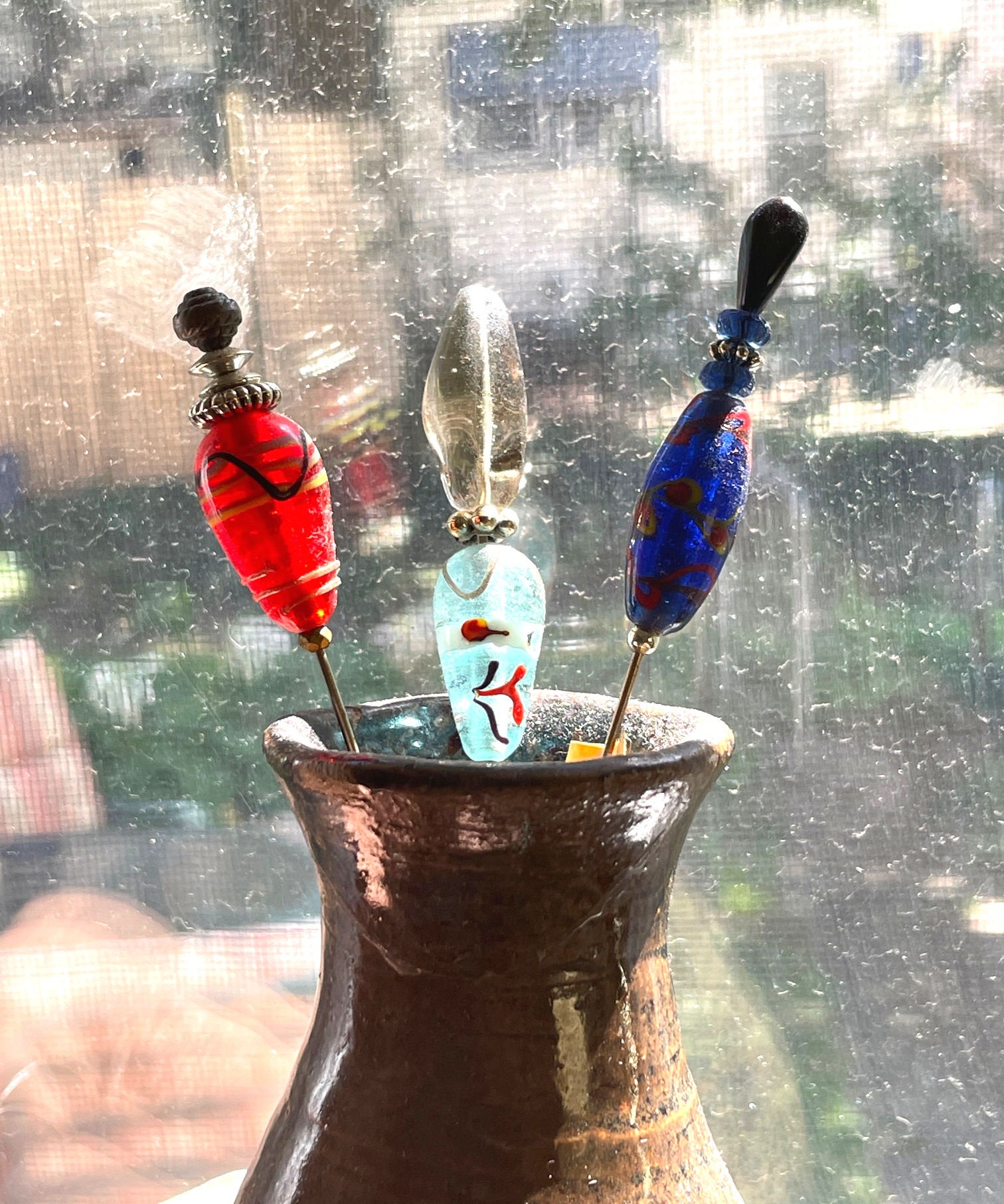 Vintage Lampwork Glass Hatpins, Hat Accessories, Glass Beads 