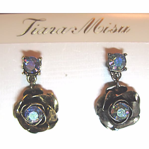 Vintage NOS MIB Tiara Misu Rose Drop Earrings Blue