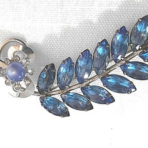 Vintage Large Blue Rhinestone Leaf Brooch Pot Metal Riveted Mid Century Pin